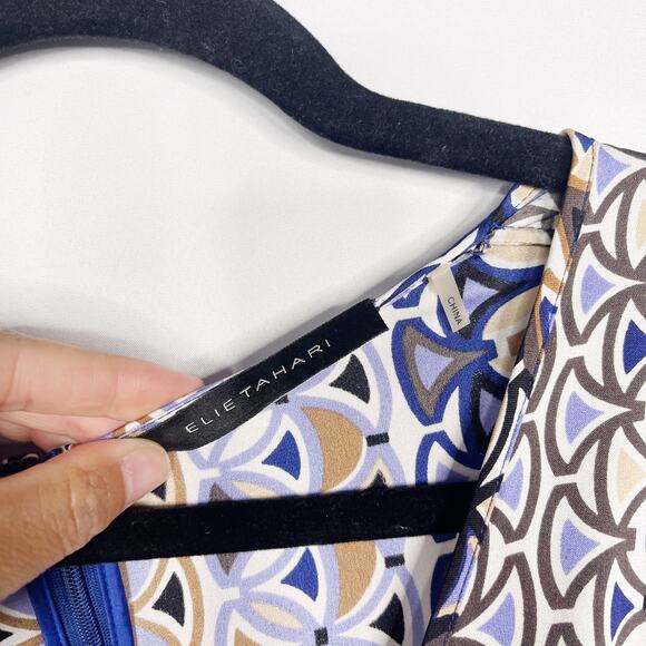 Elie Tahari Small Blue Purple Printed Silk Stretch Short Sleeve VNeck Dress Slip - Picture 8 of 11